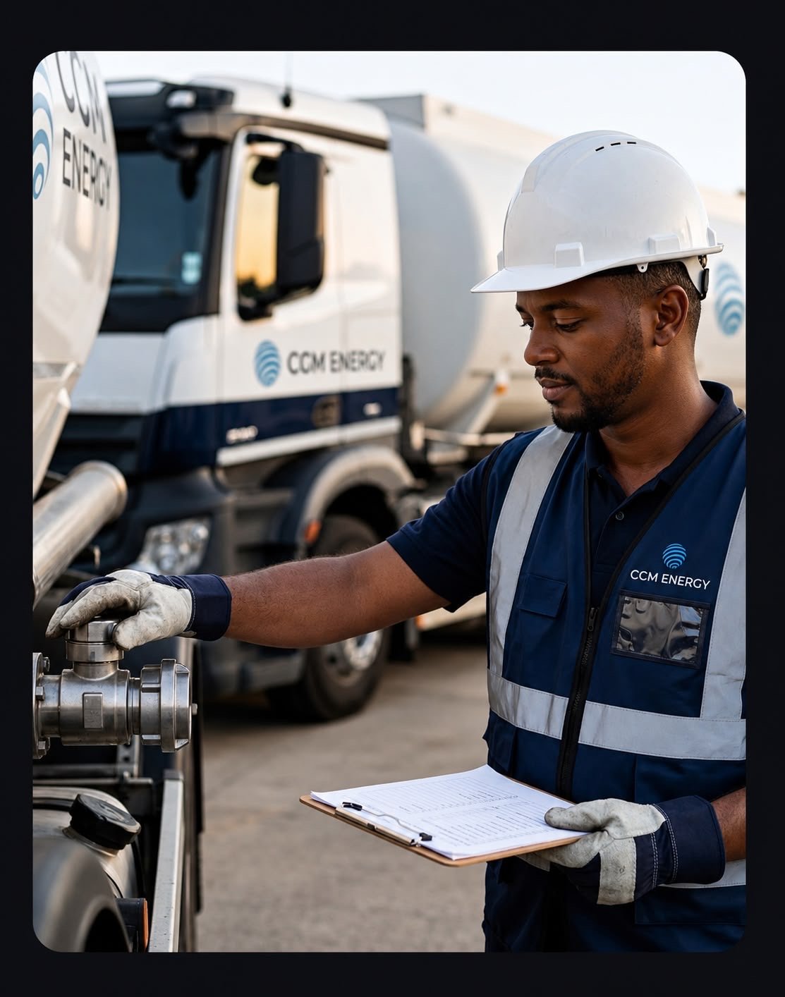 A CGM Energy operator checking a tanker valve before dispatch